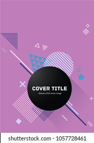 Angular memphis design placard pattern with white, cyan and blue shapes on violet background. Cool memphis template placard page. Front page design for corporate notebook, dairy or notepad.