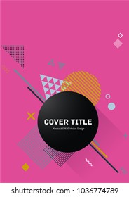 Angular memphis design placard vector with white, orange and black shapes on pink background. Cool memphis texture placard page. Front page vector for corporate notebook, dairy or notepad.