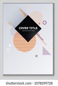 Angular memphis design placard vector with white, orange and violet shapes. Cool memphis tile placard page. Front page graphic design for corporate notebook, dairy or notepad.