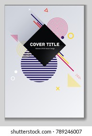 Angular memphis design placard vector with white, yellow, violet and red shapes. Cool memphis texture placard page. Front page design for corporate notebook, dairy or notepad.