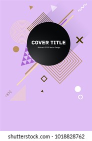 Angular memphis front cover clipart with white, violet, brown and yellow geometrical shapes on purple background. Front page texture. Title page design for corporate notebook, dairy or notepad.