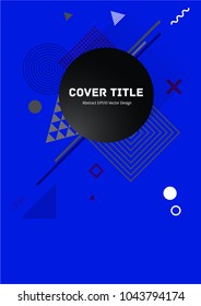 Angular memphis front cover clipart with white, brown and purple geometrical shapes on blue background. Minimalistic front page tile. Colorful title page background for business notebook or notepad.