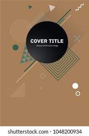 Angular memphis front cover clipart with white and green geometrical shapes on brown background. Minimalistic front page tile. Colorful title page pattern for school notebook, dairy or notepad.