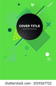 Angular memphis front cover vector with white, pink, blue and jade geometrical shapes on green background. Front page texture. Colorful title page vector for student notebook, dairy or notepad.