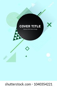 Angular memphis front cover vector with white and green geometrical shapes on cyan background. Minimalistic front page tile. Colorful title page pattern for college notebook, dairy or notepad.