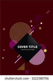 Angular memphis neo vector with white, pink, magenta and orange geometrical shapes on dark red background. Minimalistic front page surface. Colorful memphis neo style vector for marketing purpose.