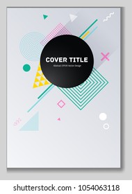 Angular memphis notepad cover background. Cool memphis template front page with white, yellow, pink, cyan and green geometrical shapes. Memphis notepad cover illustration for marketing purpose.
