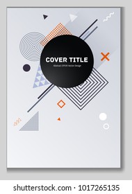 Angular memphis notepad cover pattern. Cool memphis texture front page with white, orange and blue geometrical shapes. Memphis notepad cover vector for business purpose.