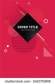 Angular memphis notepad cover pattern. Cool memphis template front page with white, beige and red geometrical shapes on pink background. Memphis notepad cover backdrop for marketing purpose.