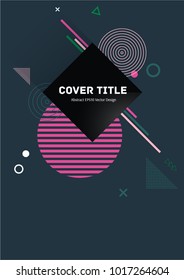 Angular memphis notepad cover vector. Cool memphis template front page with white, pink and purple geometrical shapes on dark background. Memphis notepad cover design for marketing purpose.