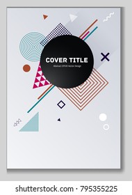 Angular memphis notepad cover vector. Cool memphis template front page with white, cyan. brown and purple geometrical shapes. Memphis notepad cover backdrop for college purpose.