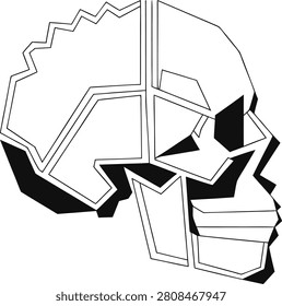 Angular polygon profile of human cranium constructed with sharp edges isolated on clear background for dark artistic projects.