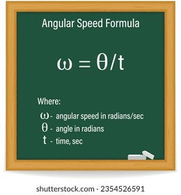 Angular Speed Formula on a green chalkboard. Education. Science. Formula. Vector illustration.