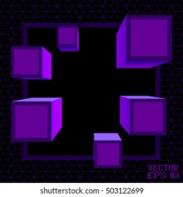 Angular Violet Technological Background. Wall Construction. Square Blocks in Outlook. Cardboard Boxes Isolated on Dark Background. Vector. 3d Illustration