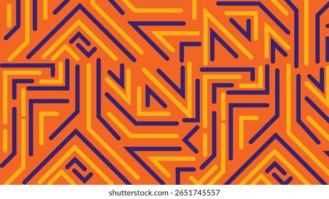 Linhas angulares amarelas e violetas no branco formam um layout abstrato dinâmico com influências retrô, perfeito para tecnologia, música ou visuais pop-art.