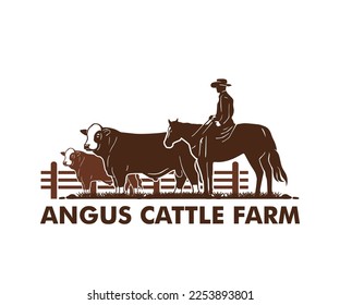 ANGUS CATTLE FARMS WITH COWBOY LOGO, silhouette of farming actifity vector illustrations