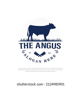 Angus cow animal logo on grass, Vintage Cow logo design inspiration Vector svg