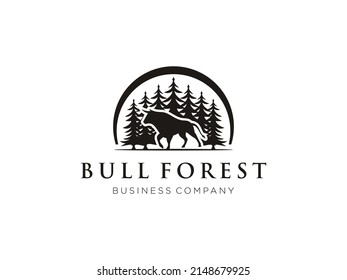 Angus Cow Cattle Buffalo Bull Silhouette at Pine Fir Conifer Evergreen Tree Forest logo design. Usable for Business and Branding Logos. Flat Vector Logo Design Template