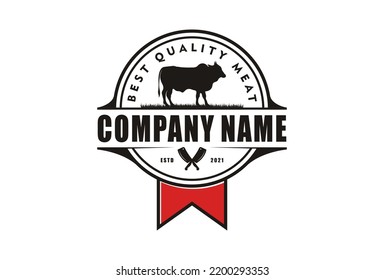 Angus cow with Crossed Cleaver Knife for Vintage Retro Butcher shop label logo design