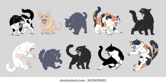 angyy cat set, mad cat,baring teeth, displaying an angry and defensive posture, and arching back,Calico,White cat, Sphynx,Tuxedo, blue cat and black Cat. isolated on white background