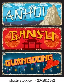 Anhui, Gansu and Guangdong Chinese provinces plates and travel stickers. China territory tin signs, grunge plates with Huangshan Yellow mountains, province map and metropolis skyscrapers, temple gate