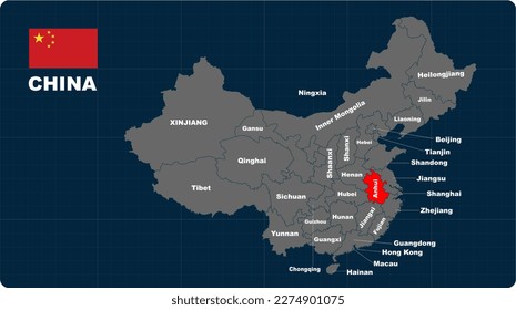 Anhui Map, Anhui red highlighted in 🇨🇳 CHINA 🇨🇳 map, flat design illustration vector