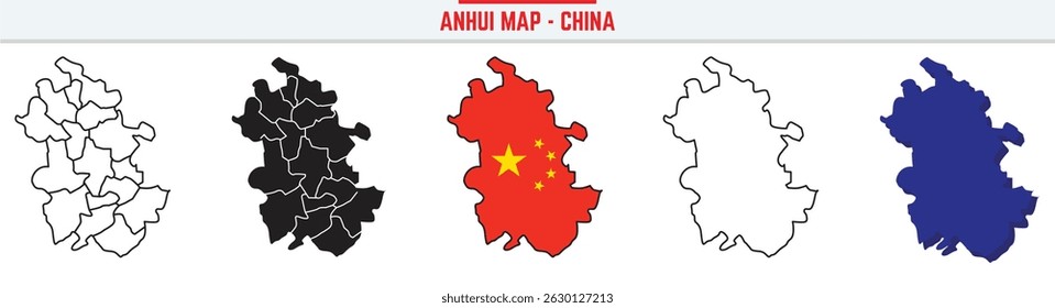 Anhui Province Map Outline with China Inset – 3D Anhui Map OutlineMockup and Filled Vector Design