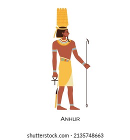 Anhur, old Egyptian god of war. Ancient Egypts character with feathers on head. Anhuret, mythological deity from history. Human from myths. Flat vector illustration isolated on white background