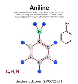 Aniline, organic compound, molecular structure formula, ball-and-stick model, suitable for education or chemistry science content. Vector illustration