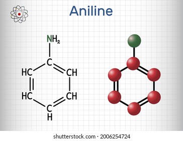 Aniline, phenylamine, aminobenzene, benzenamine, C6H5NH2 molecule. It is primary arylamine, aromatic amine, consisting of phenyl group and amino group. Sheet of paper in a cage. Vector illustration 