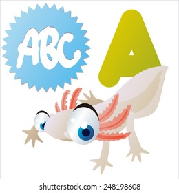 animal abc learning for kids: A is for cute little Axolotl, vector illustration set for children, bright colors for flash card game
