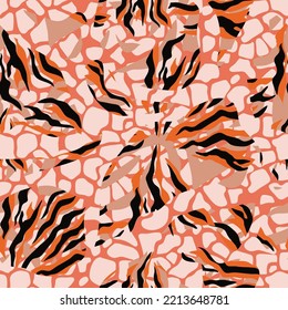 Animal  abstract  fantasy skinny  seamless pattern  Tiger, giraffe, Leopard, panther,  in cartoon flat style. Modern safari animal fashion print  skin design for textile, fabric,  Vector  illustration svg