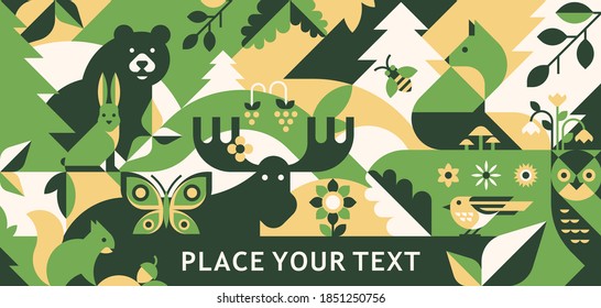 Animal abstract vector background. Geometric forest pattern for forest day print, greeting card, banner.