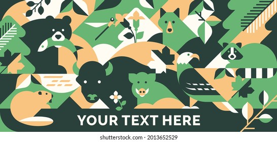 Animal abstract vector background. Geometric forest pattern for forest day print, greeting card, banner.