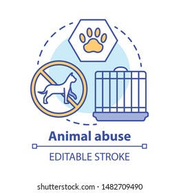 Animal Abuse And Harm Concept Icon. Zoosadism. Animal Neglect, Cruelty And Mistreatment Idea Thin Line Illustration. Pets Rights Protection, Welfare. Vector Isolated Outline Drawing. Editable Stroke