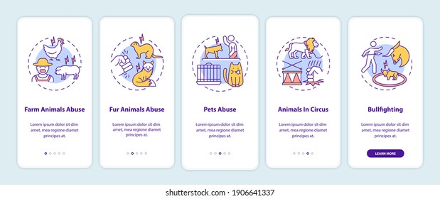 Animal abuse onboarding mobile app page screen with concepts. Cruelty for entertainment. Wildlife harm walkthrough 5 steps graphic instructions. UI vector template with RGB color illustrations