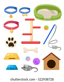 Animal accessories Dog stuff and supply icons flat set with dung kennel leash food paw bowl bone and other goods for pet shop vector illustration