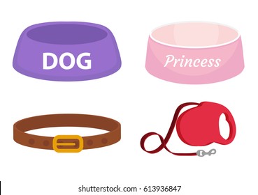 Animal accessories supplies set of icons, flat, cartoon style. Collection of items for dog care with bowl, leash, collar. Isolated on white background. Vector illustration, clip-art
