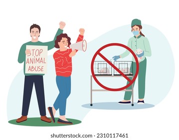 Animal activists composition on blank background with doodle style human characters of protesters against animal experimentation vector illustration