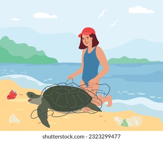 Activistas animales de fondo plano con paisaje de playa al aire libre y mujer liberando a tortuga atrapada en ilustración vectorial de red de pesca