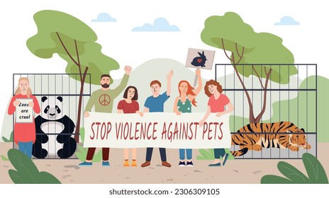 Animal activists flat composition with outdoor landscape panda and tiger in cages and people with placards vector illustration