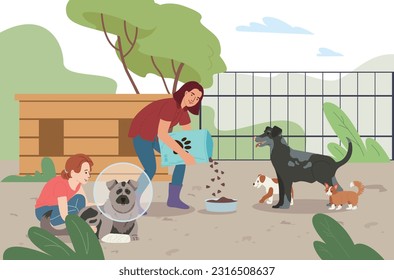 Animal activists flat composition with outdoor scenery and female characters feeding dogs taking care of pets vector illustration