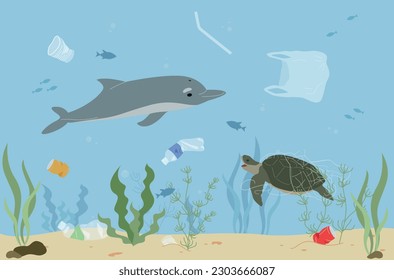 Animal activists flat composition of underwater scenery with dolphin turtle and fishes floating among plastic waste vector illustration