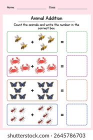 Animal addition math worksheet for kids. Fun counting and addition exercise with cute animals. Printable math activity for preschool.