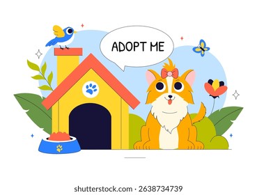 Animal Adoption Agency Vector Illustration Featuring Pet Adoption from a Shelter with Cats and Dogs in a Flat Style Cartoon Background