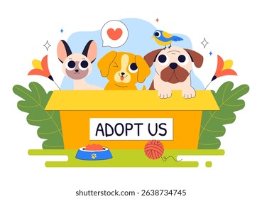 Animal Adoption Agency Vector Illustration Featuring Pet Adoption from a Shelter with Cats and Dogs in a Flat Style Cartoon Background