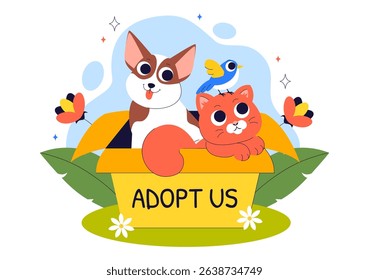 Animal Adoption Agency Vector Illustration Featuring Pet Adoption from a Shelter with Cats and Dogs in a Flat Style Cartoon Background