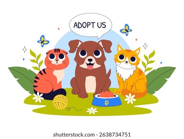 Animal Adoption Agency Vector Illustration Featuring Pet Adoption from a Shelter with Cats and Dogs in a Flat Style Cartoon Background
