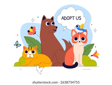 Animal Adoption Agency Vector Illustration Featuring Pet Adoption from a Shelter with Cats and Dogs in a Flat Style Cartoon Background