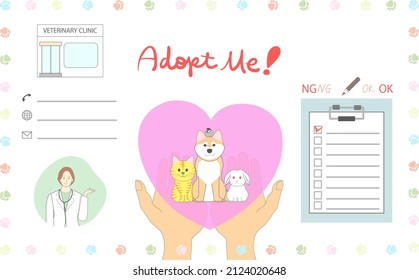 Animal adoption: a dog, a cat, a bird, a rabbit, and icons for telephone, email,  website, and veterinary clinic.